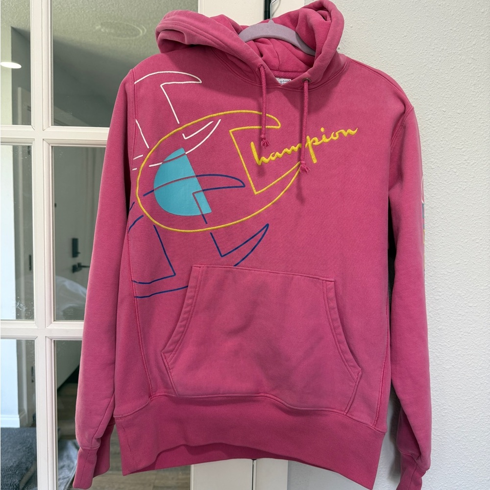 Champion Reverse Weave Hoodie Pink Graphic Pullover Heavyweight Distressed Skate